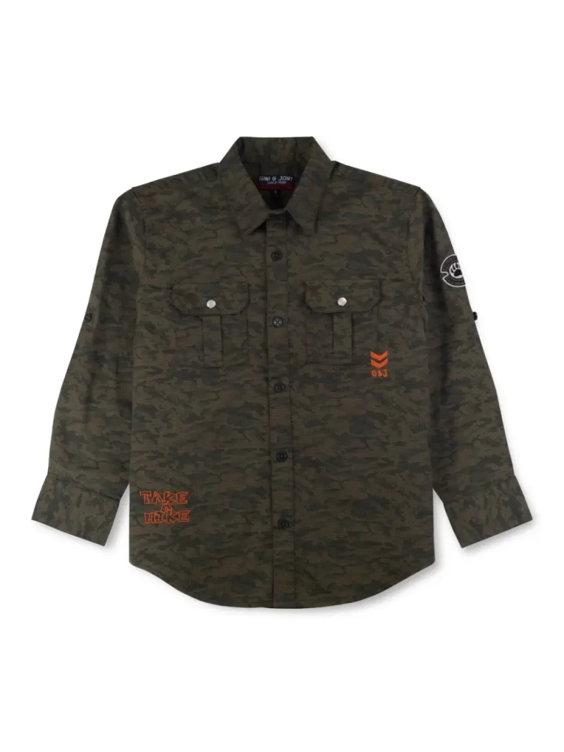Gini And Jony Boys Green Camouflage Cotton Shirt Full Sleeves