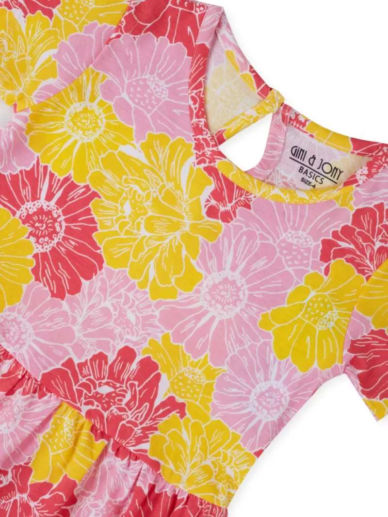 Gini And Jony Girls Pink Floral Print Cotton Dress Half Sleeves