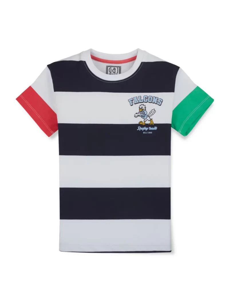 Gini & Jony Boys White Cotton Striped Crew Neck Half Sleeve T-Shirt