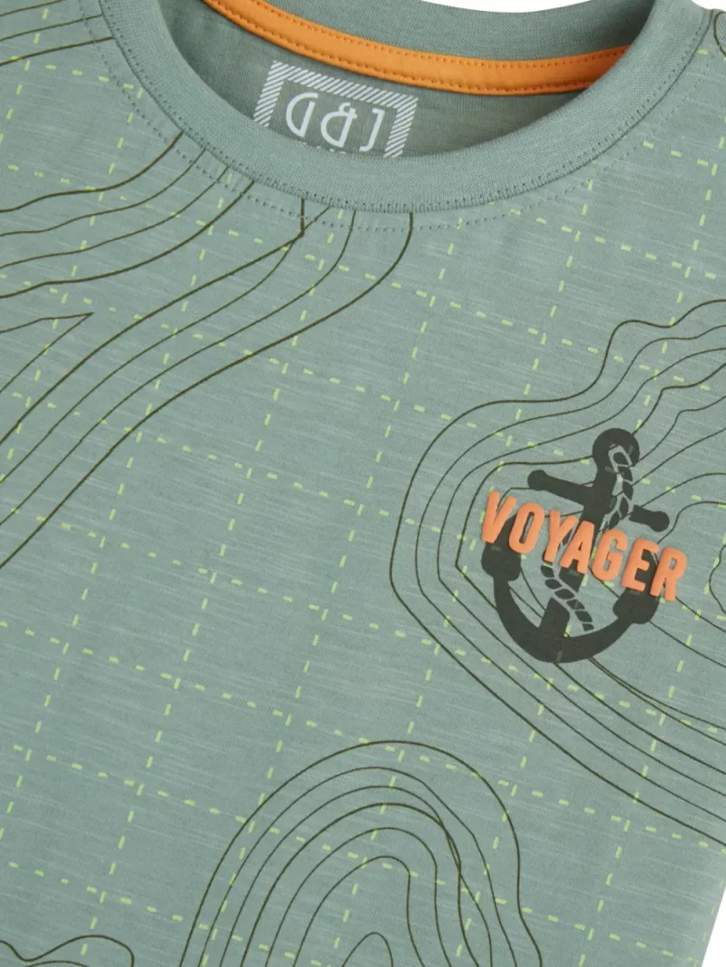 Gini And Jony Boys Green Topographic Print Cotton T-Shirt Half Sleeves