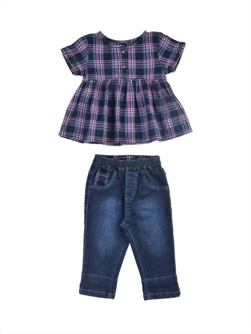 Gj Baby Girls Navy Checks Cotton Co-Ordinate Half Sleeves