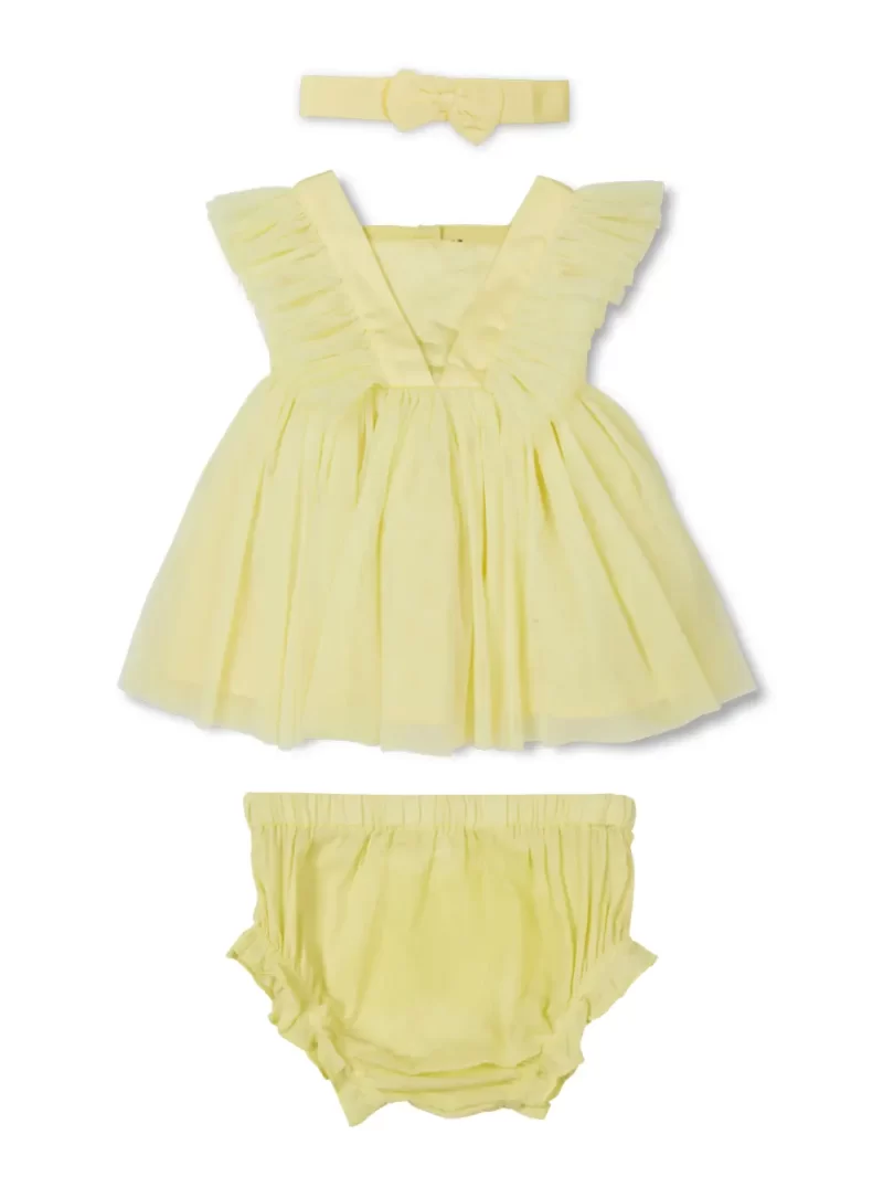 Gj Baby Girls Yellow Solid Net Dress Sleeveless