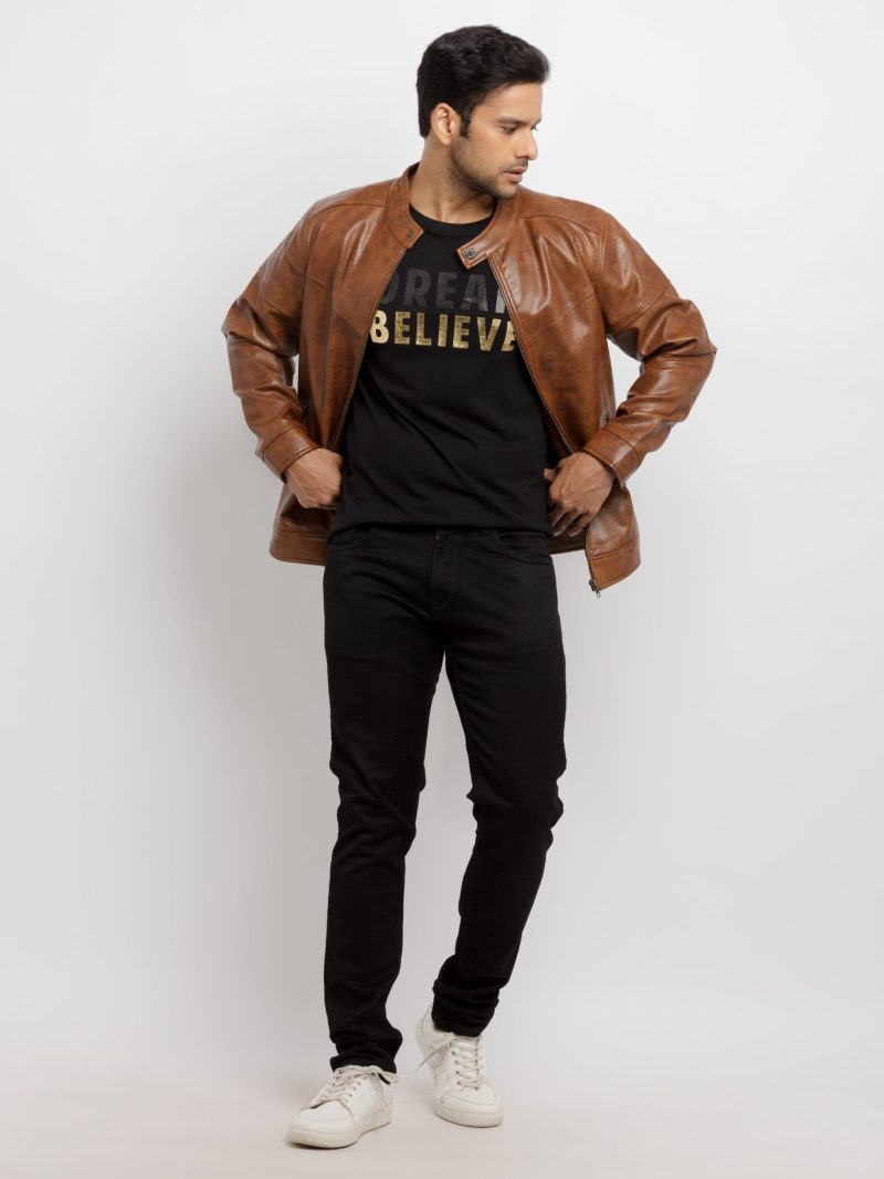 Status Quo Mens Solid Pu High Neck Jacket