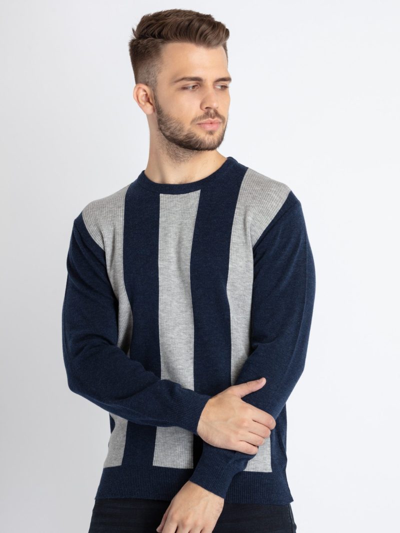 Status Quo Mens Striped Round Neck Sweater