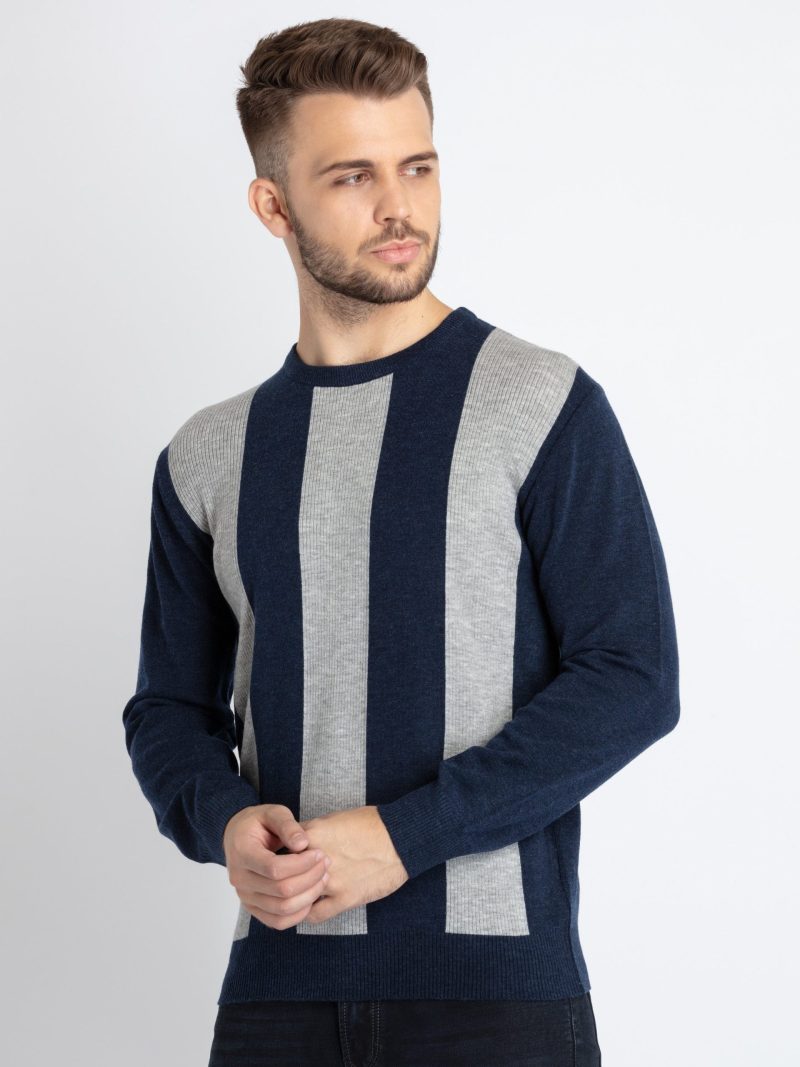 Status Quo Mens Striped Round Neck Sweater