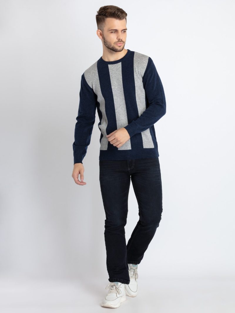 Status Quo Mens Striped Round Neck Sweater