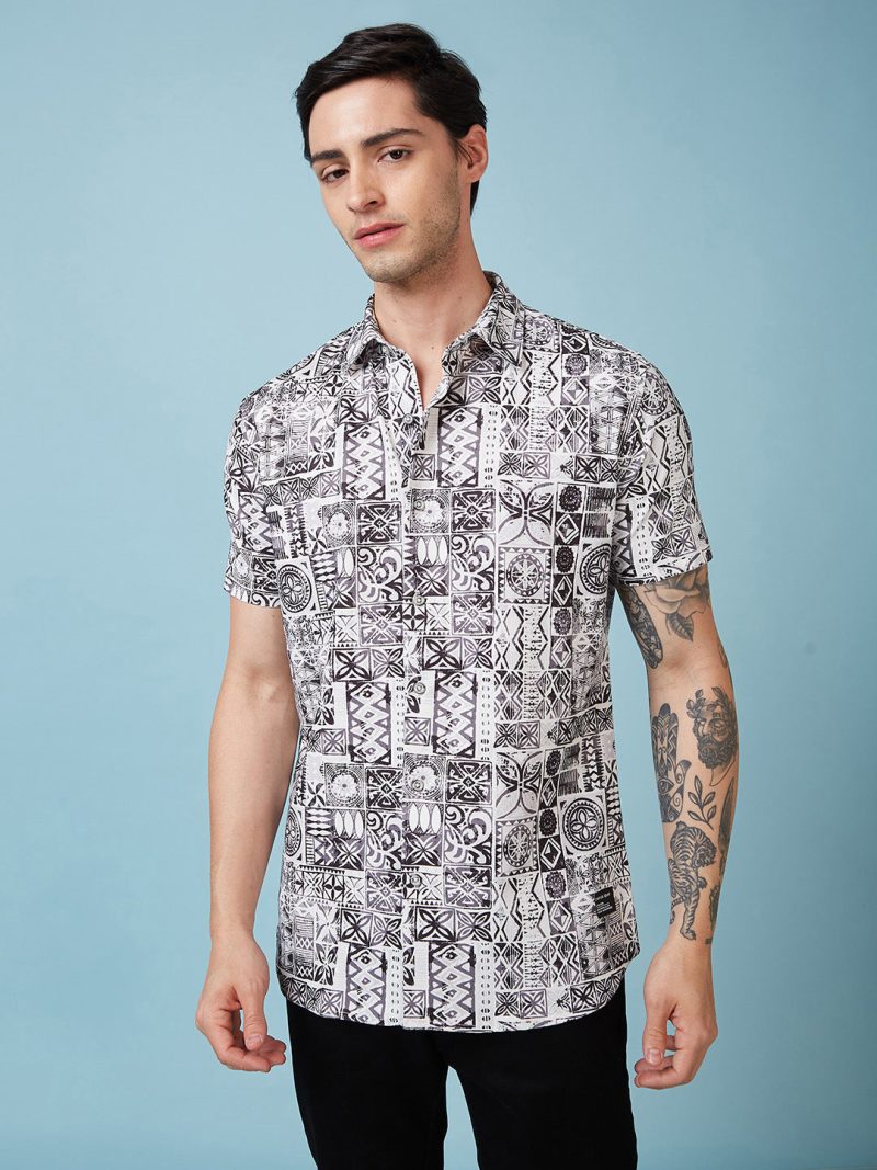 Status Quo Men'S Geometric Printed Half Sleeves Collared Neck Regular Fit Shirt