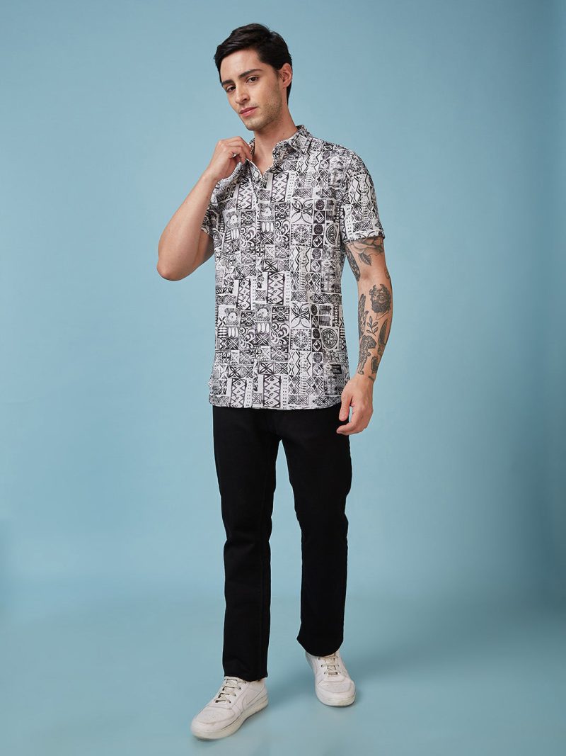Status Quo Men'S Geometric Printed Half Sleeves Collared Neck Regular Fit Shirt