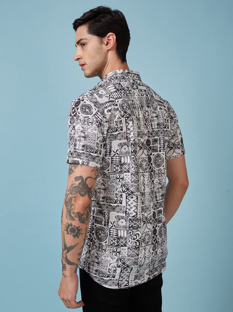 Status Quo Men'S Geometric Printed Half Sleeves Collared Neck Regular Fit Shirt