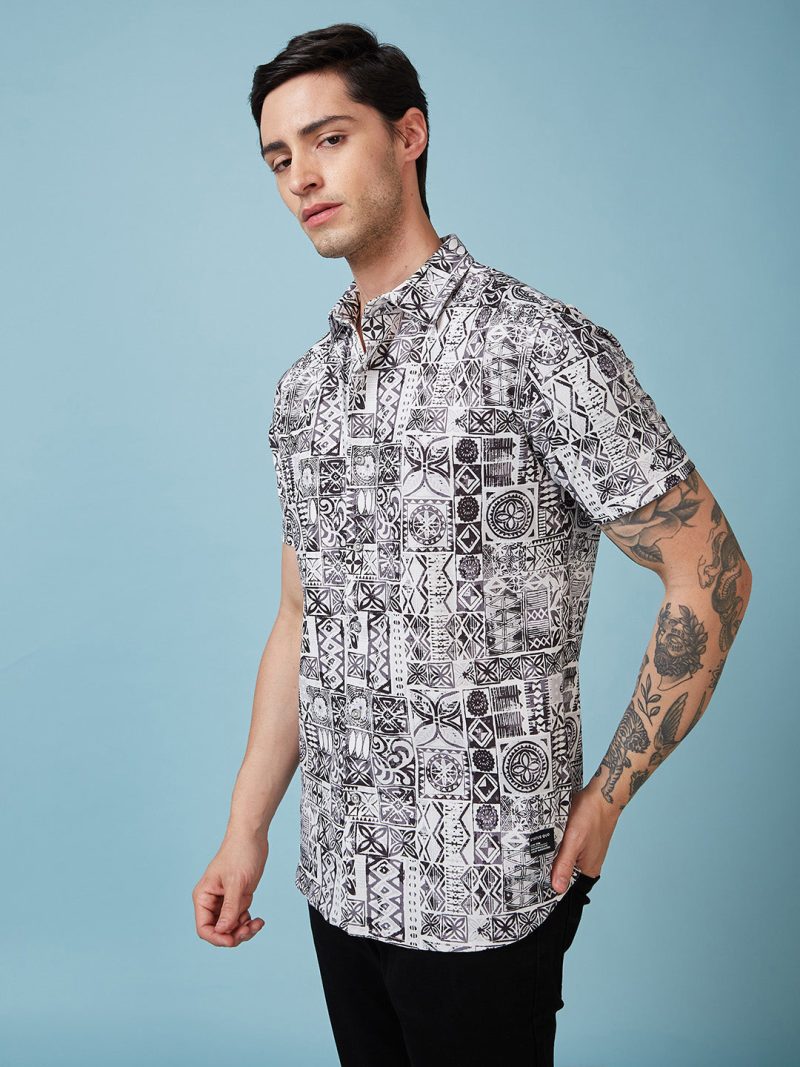 Status Quo Men'S Geometric Printed Half Sleeves Collared Neck Regular Fit Shirt
