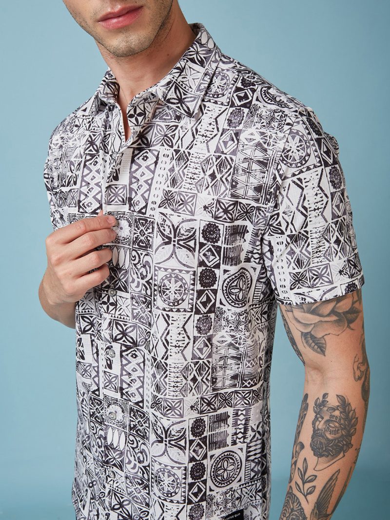 Status Quo Men'S Geometric Printed Half Sleeves Collared Neck Regular Fit Shirt