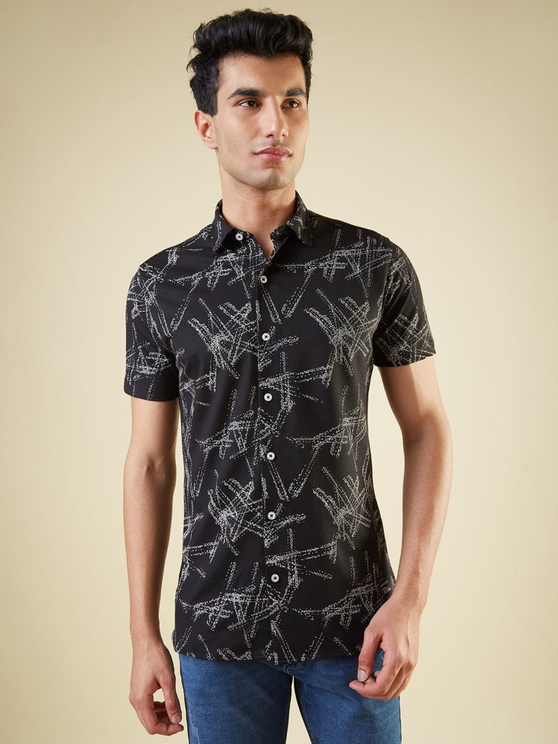 Status Quo Men'S Abstract Printed Half Sleeves Collared Neck Regular Fit Shirt