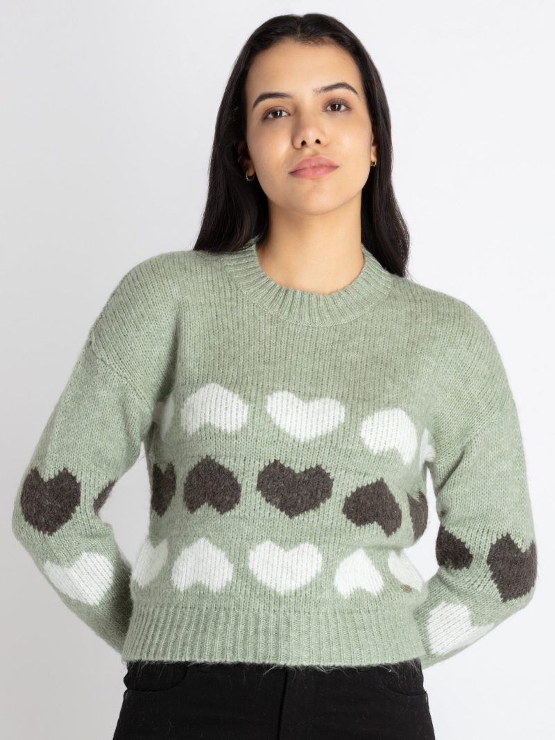 Womens Jacquard Round Neck Sweater
