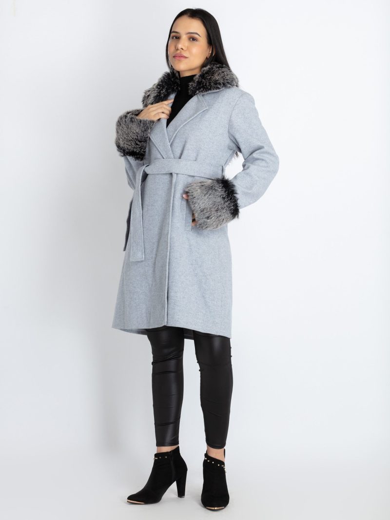 Womens Solid Long Coat With Detachable Fur Collar