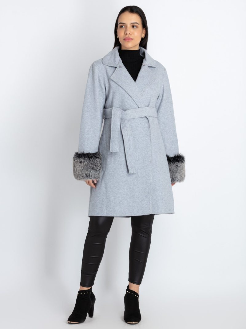Womens Solid Long Coat With Detachable Fur Collar