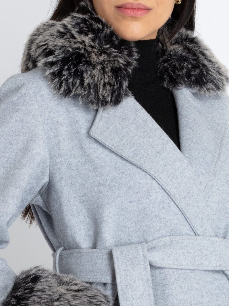 Womens Solid Long Coat With Detachable Fur Collar