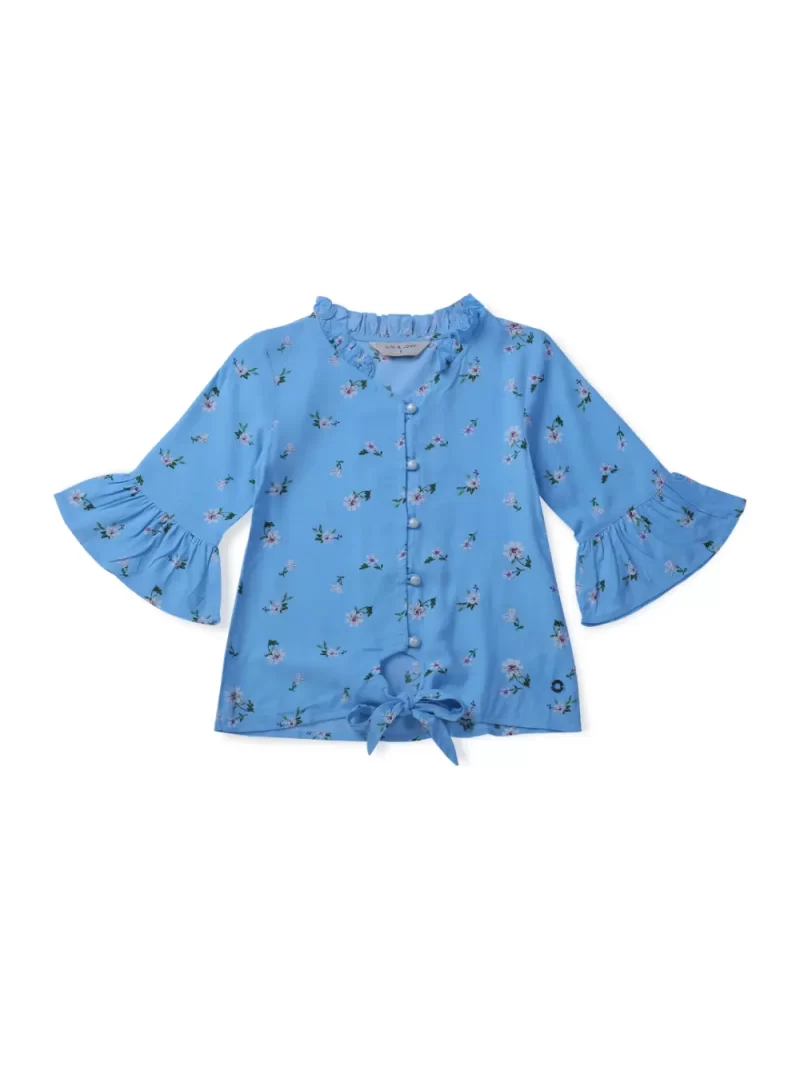 Gini And Jony Girls Blue Floral Print Cotton Woven Top 3/4Th Sleeves