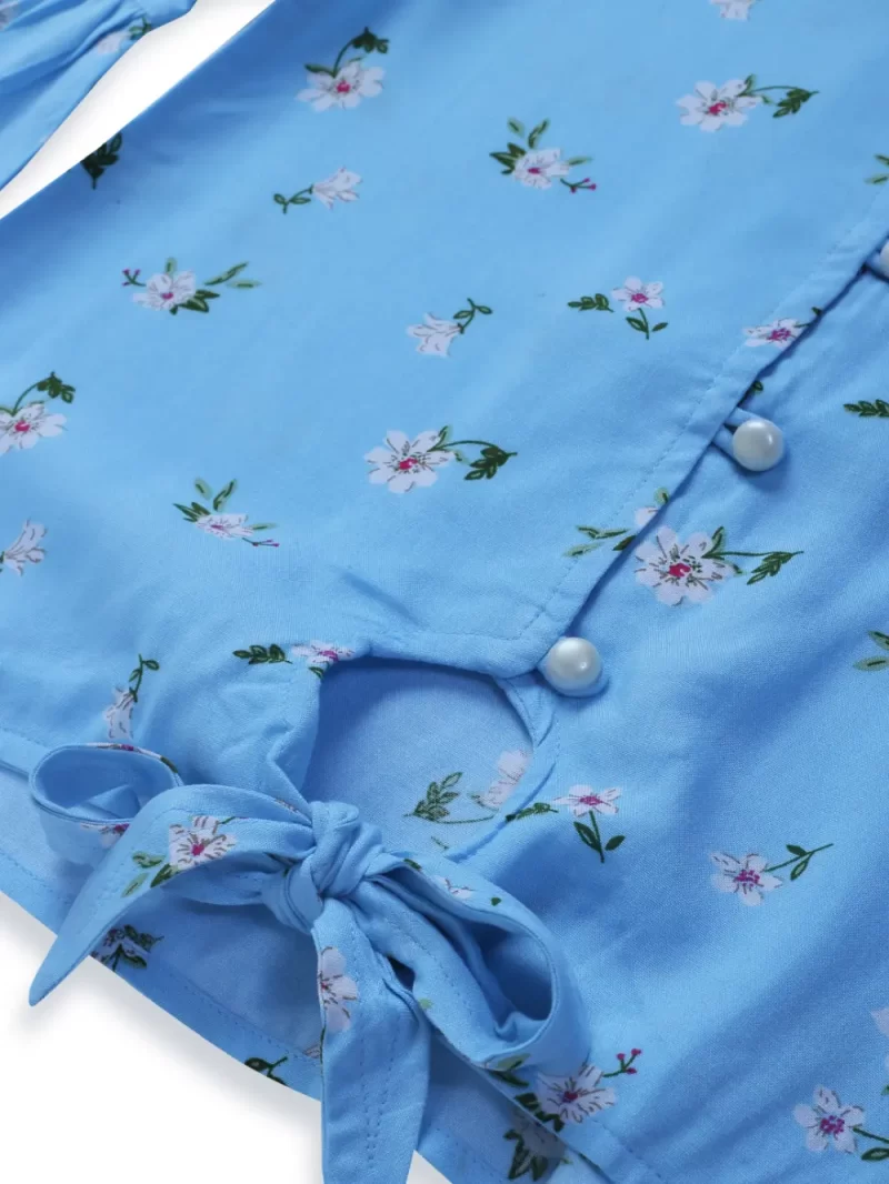 Gini And Jony Girls Blue Floral Print Cotton Woven Top 3/4Th Sleeves