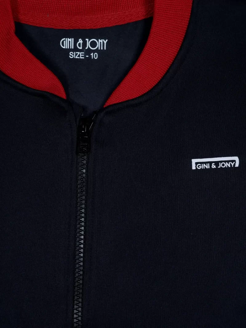 Gini And Jony Girls Navy Blue Color Block Cotton Knits Jacket Full Sleeves 9-10 Years