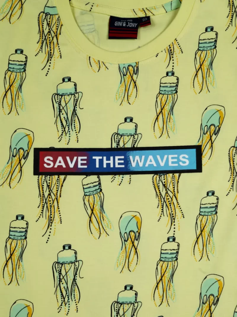 Gini And Jony Boys Yellow All Over Print Cotton T-Shirt Half Sleeves