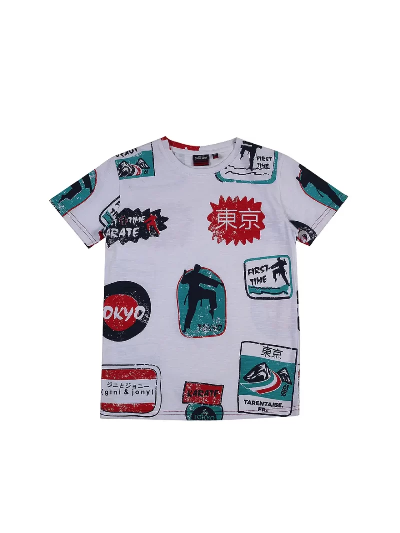 Gini And Jony Boys White Conversational Print Cotton T-Shirt Half Sleeves
