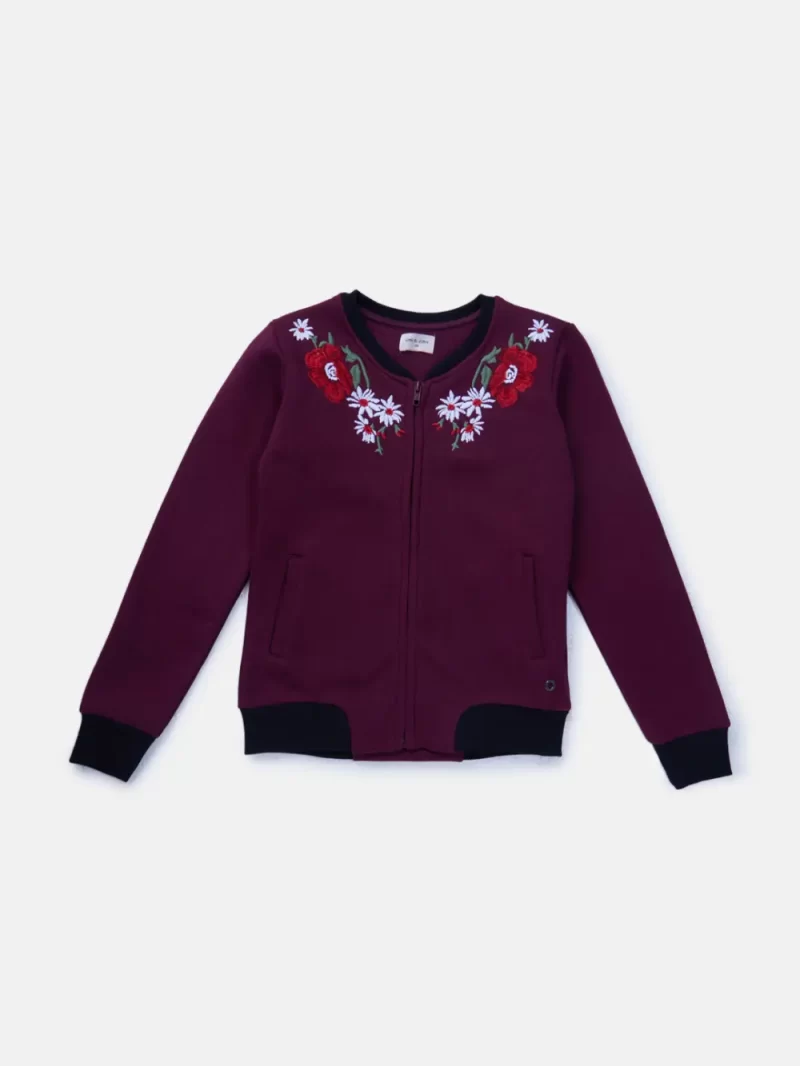 Gini And Jony Girls Burgundy Embroidery Cotton Knits Jacket Full Sleeves 9-10 Years