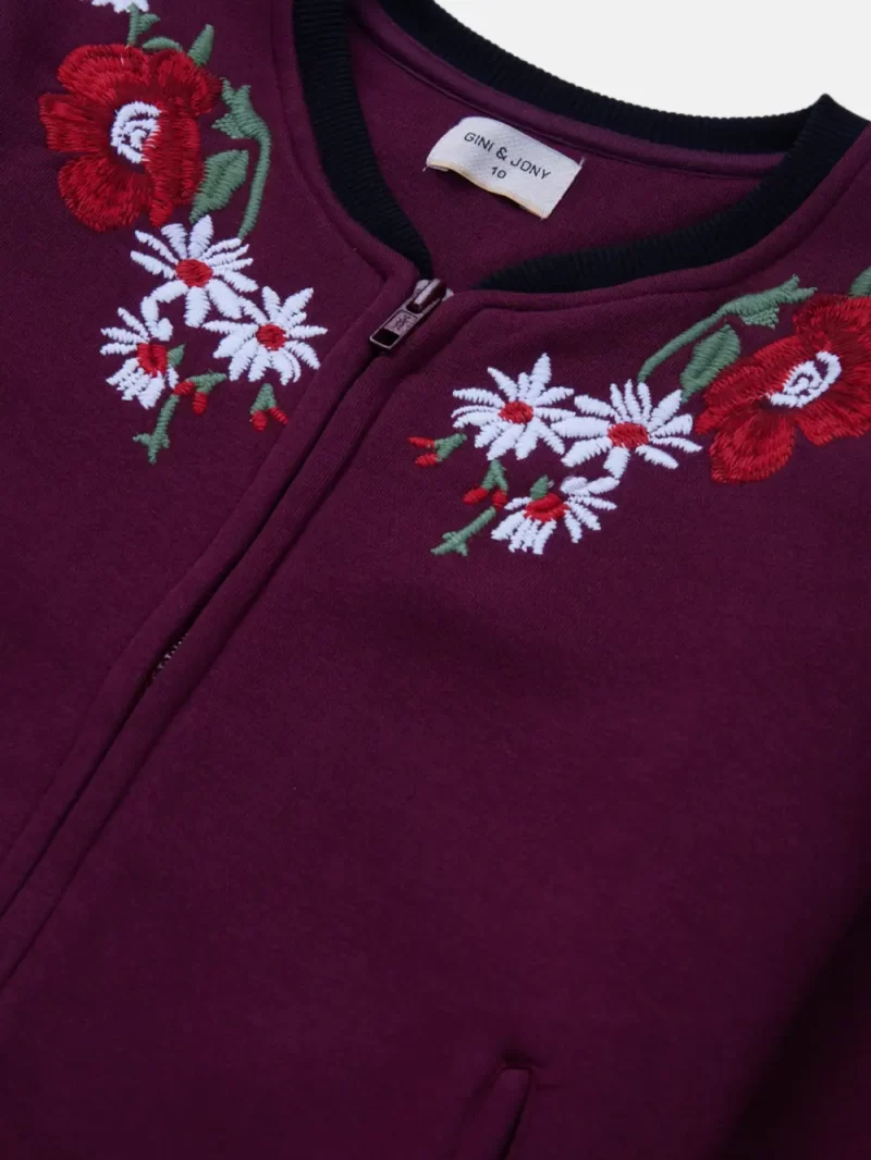 Gini And Jony Girls Burgundy Embroidery Cotton Knits Jacket Full Sleeves 9-10 Years