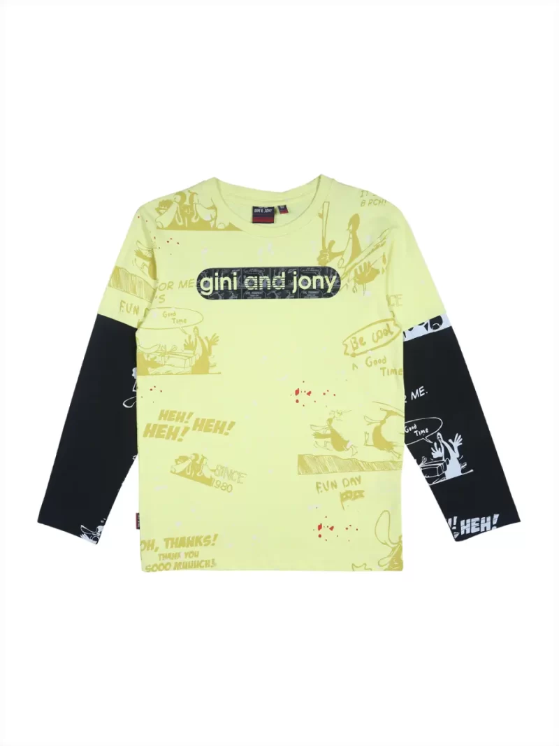Gini And Jony Boys Yellow Graphic Print Cotton T-Shirt Full Sleeves