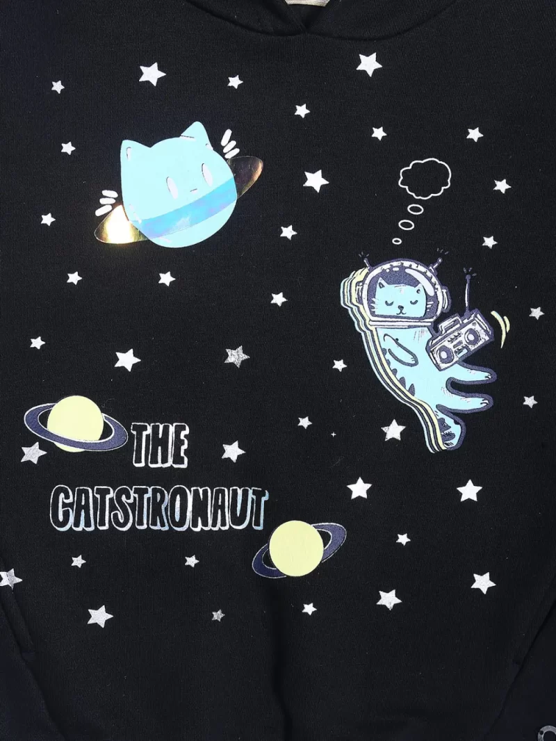 Gini & Jony Girls' Black Sweat Shirt | Cotton | Blockprint | Hand-Wash | Regular Fit | Hooded