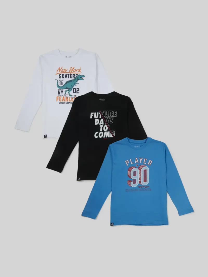 Palm Tree Boys Multicolor Graphic Print Cotton T-Shirt Pack Of-3 Full Sleeves