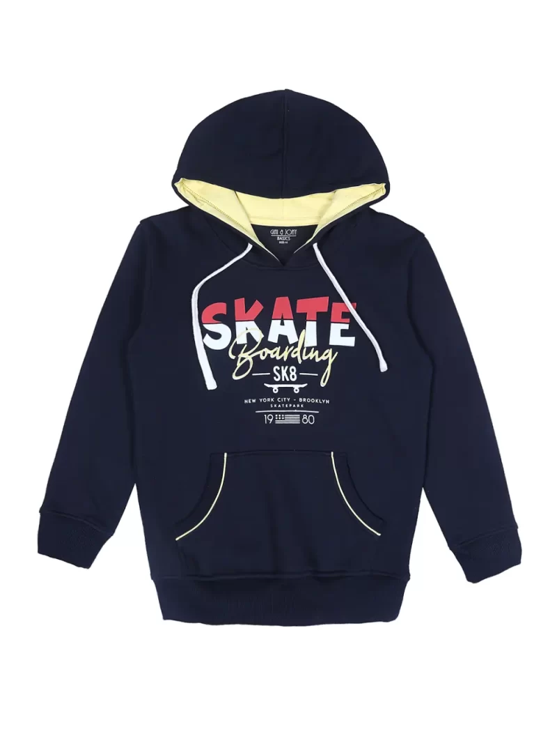 Gini & Jony Boys' Navy Blue Sweat Shirt | Fleece | Blockprint | Hand-Wash | Regular Fit | Hooded |