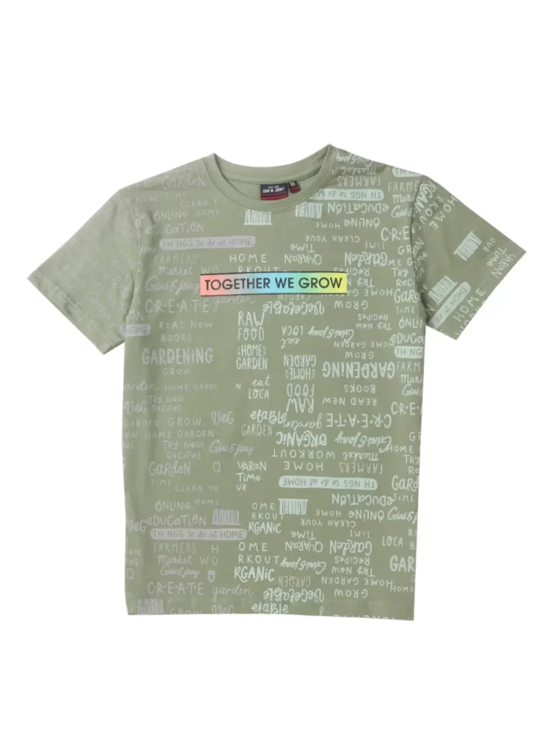 Gini And Jony Boys Olive Typographic Print Cotton T-Shirt Half Sleeves