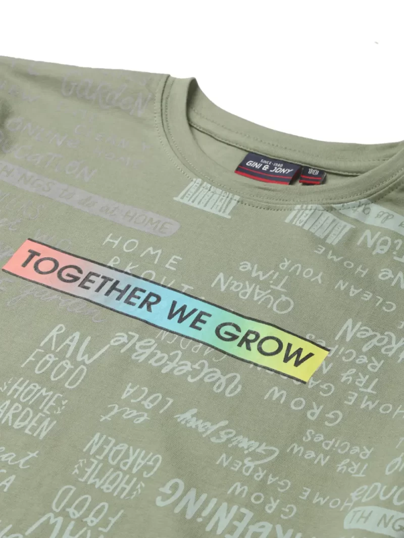 Gini And Jony Boys Olive Typographic Print Cotton T-Shirt Half Sleeves