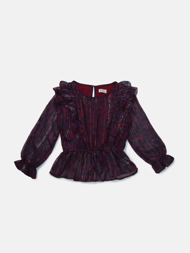 Gini And Jony Girls Maroon Animal Print Georgette Woven Top Full Sleeves