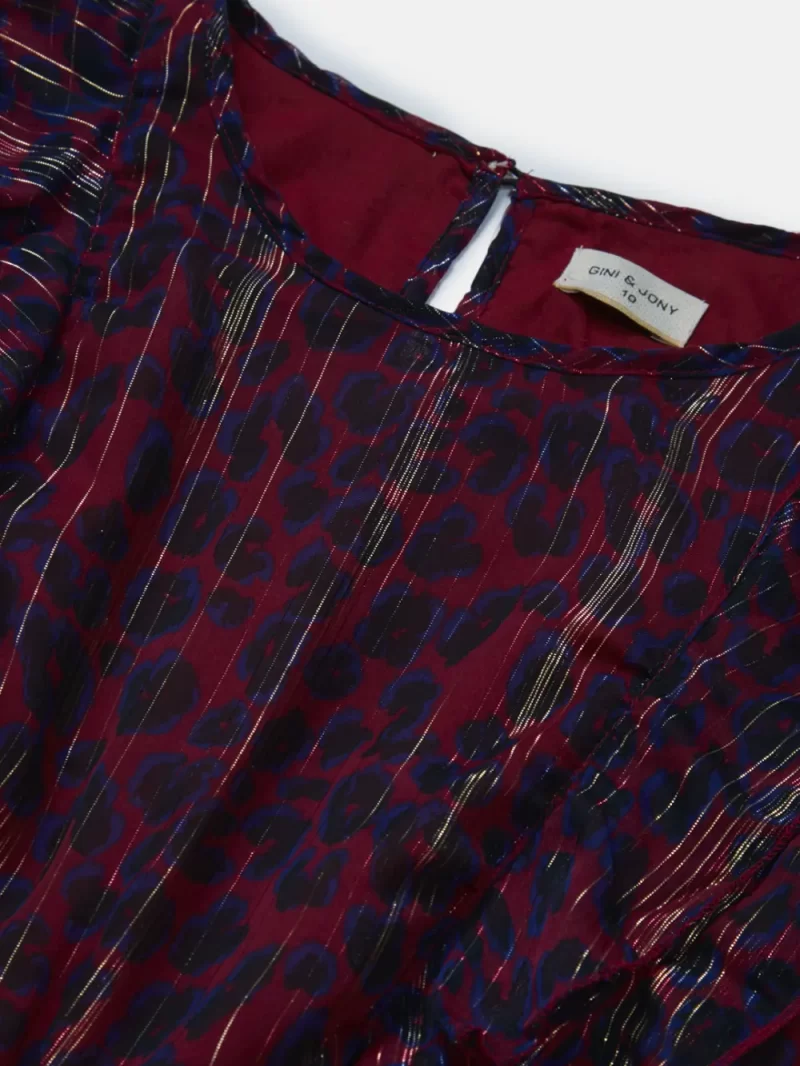 Gini And Jony Girls Maroon Animal Print Georgette Woven Top Full Sleeves