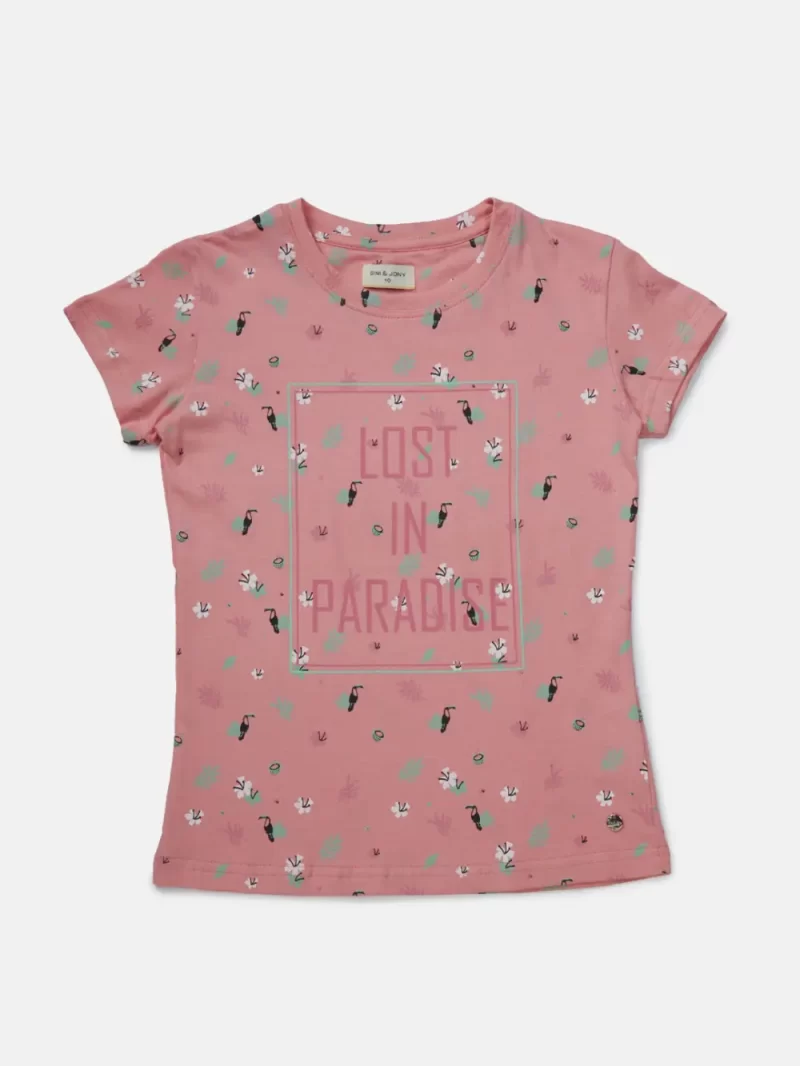 Gini And Jony Girls Pink Tropical Print Cotton Knits Top Half Sleeves