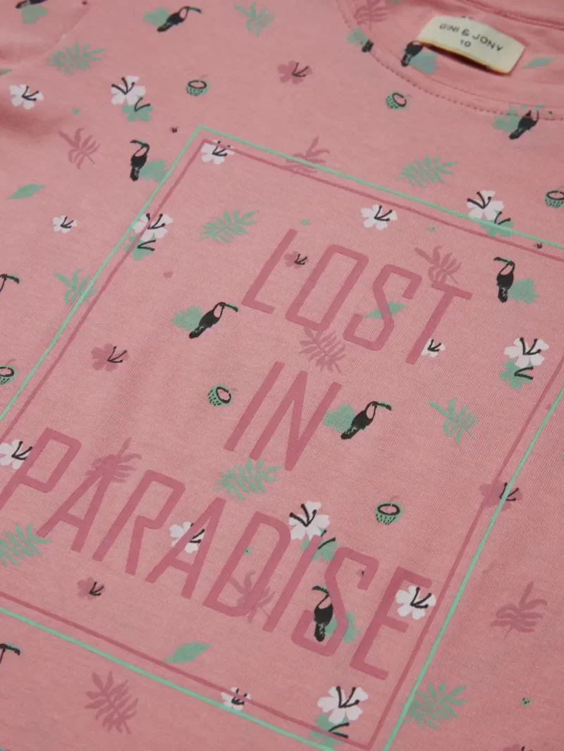 Gini And Jony Girls Pink Tropical Print Cotton Knits Top Half Sleeves