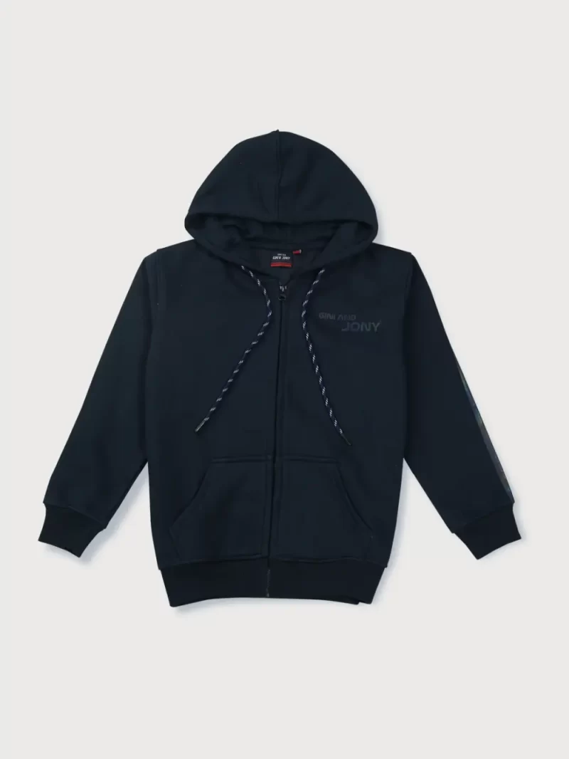 Boys Navy Blue Solid Cotton Knits Jacket Full Sleeves