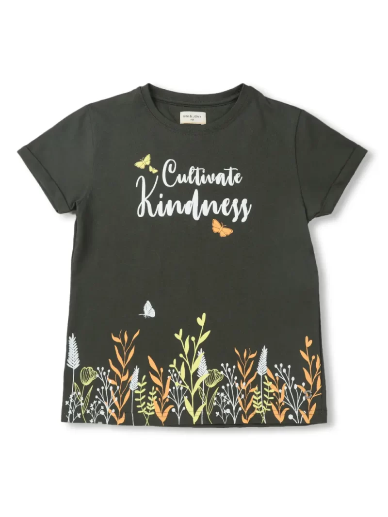 Gini And Jony Girls Olive Tropical Print Cotton Knits Top Half Sleeves