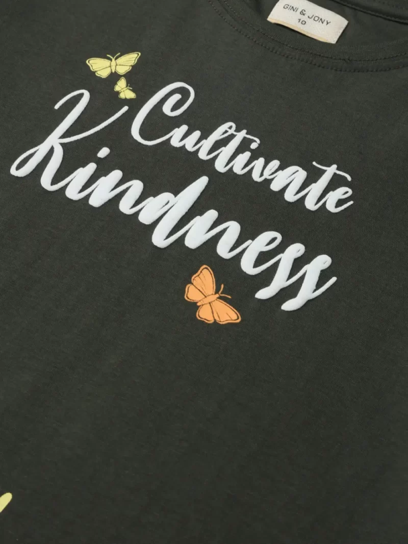 Gini And Jony Girls Olive Tropical Print Cotton Knits Top Half Sleeves