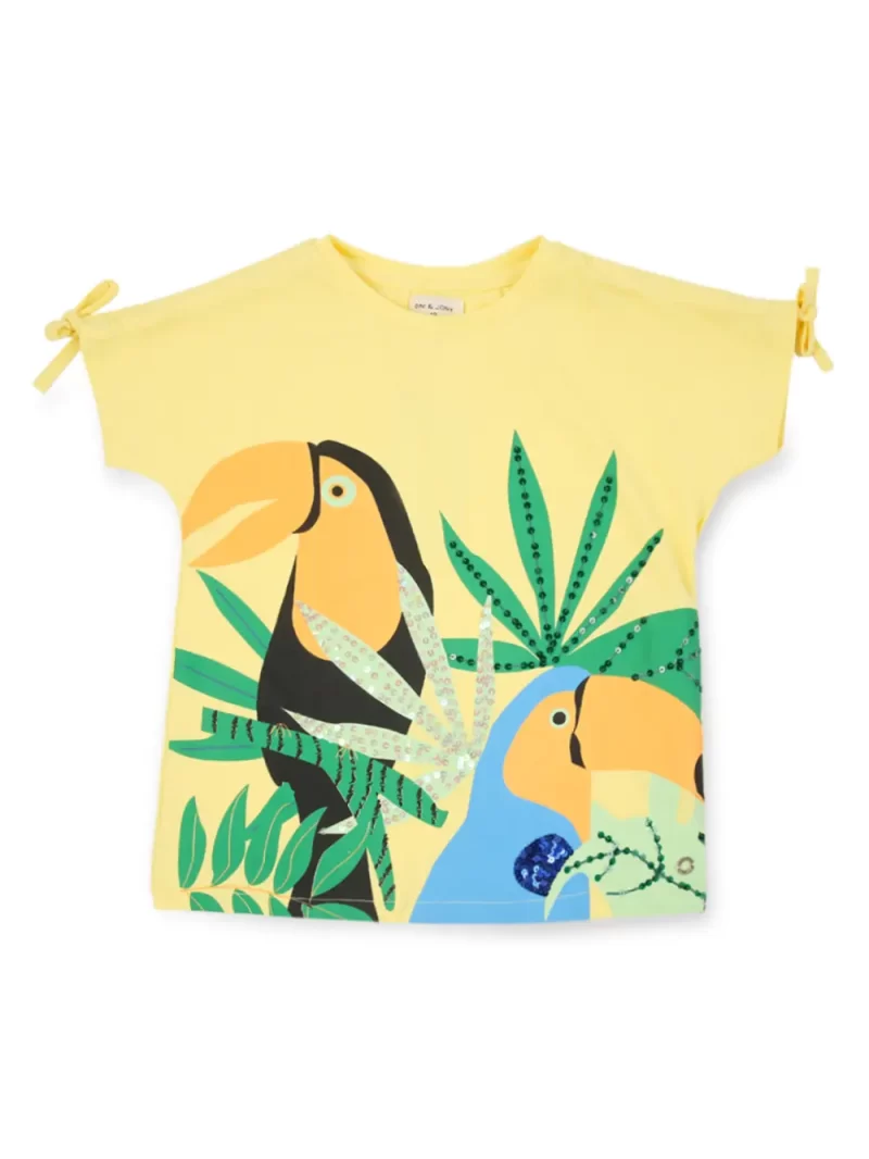 Gini And Jony Girls Yellow Embellished Cotton Knits Top Half Sleeves