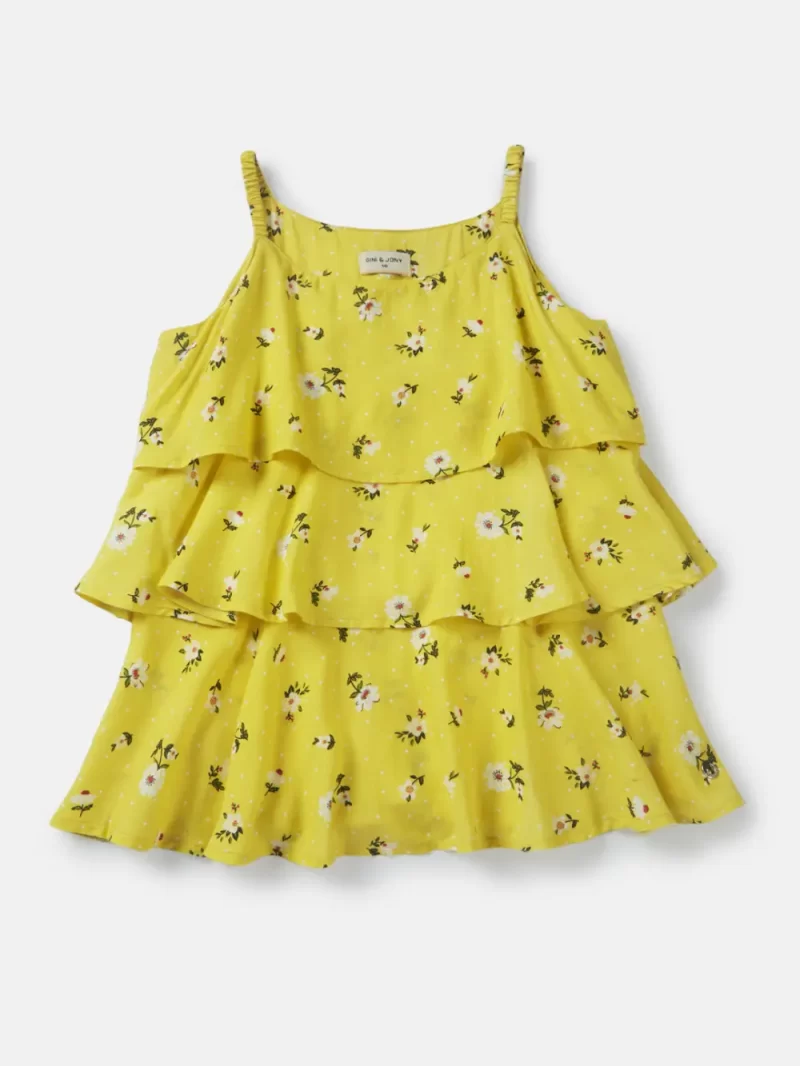 Gini And Jony Girls Yellow Floral Print Cotton Woven Top Sleeveless