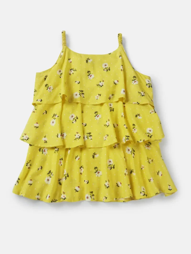 Gini And Jony Girls Yellow Floral Print Cotton Woven Top Sleeveless