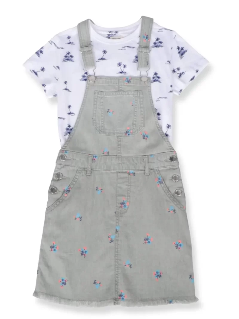 Gini And Jony Girls Grey Floral Print Denim Dungaree Half Sleeves