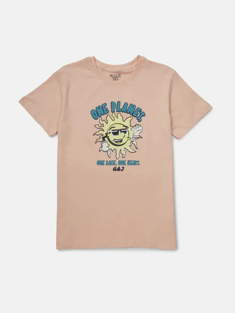 Gini And Jony Boys Peach Graphic Print Cotton T-Shirt Half Sleeves