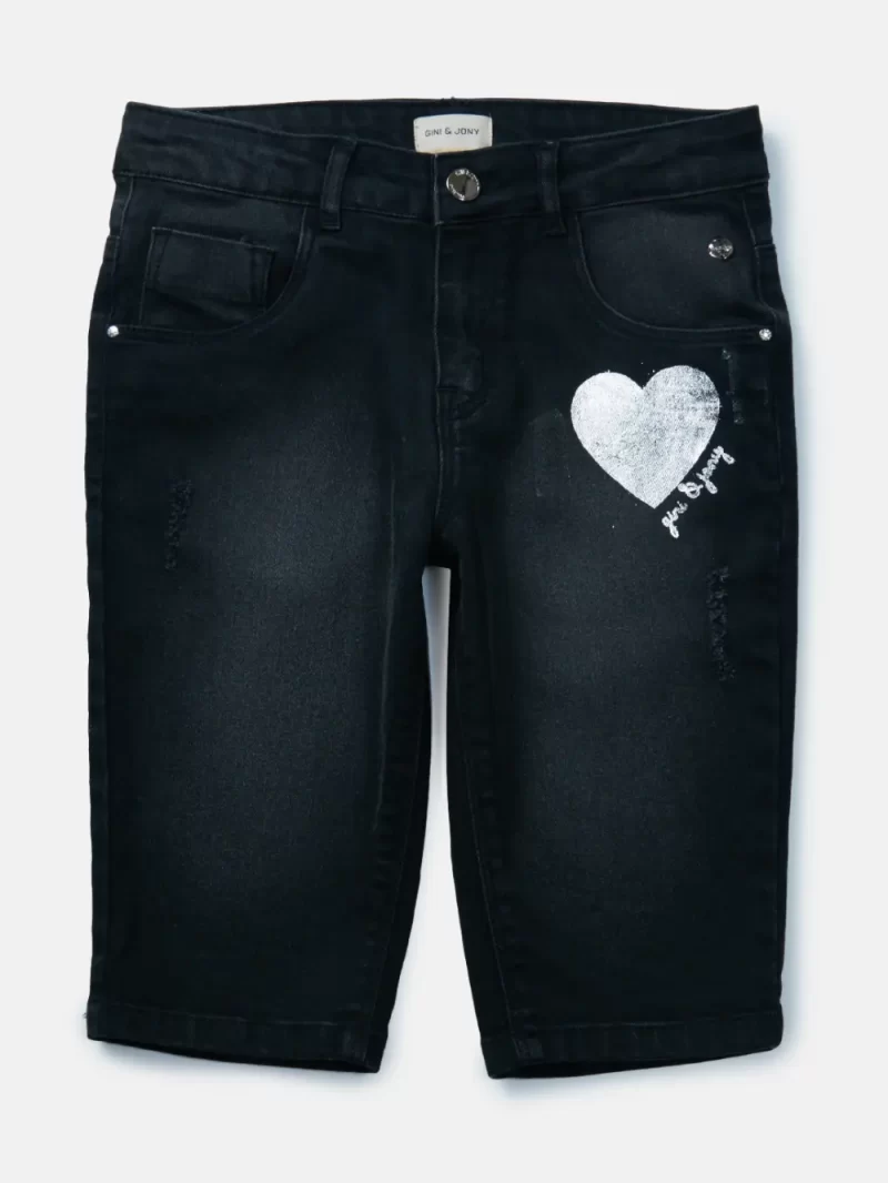 Gini And Jony Girls Navy Blue Solid Denim Fixed Waist Pedal Pusher