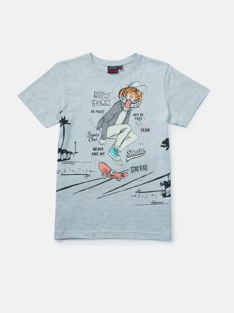 Gini And Jony Boys Grey Graphic Print Cotton T-Shirt Half Sleeves