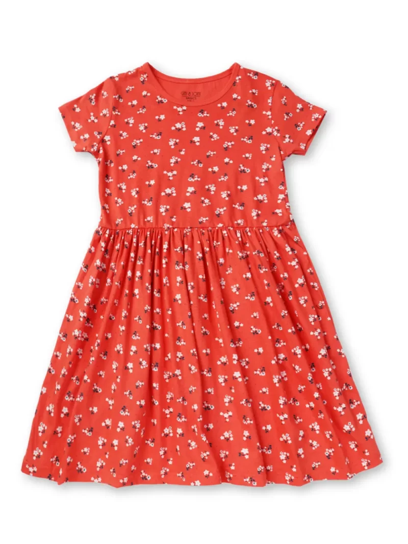 Gini And Jony Girls Orange Floral Cotton Dress Half Sleeves