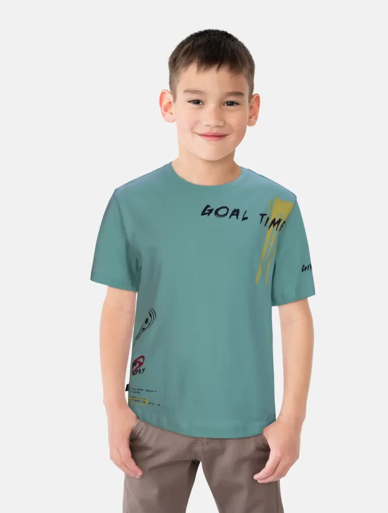 Gini And Jony Boys Turquoise Typographic Print Cotton T-Shirt Half Sleeves