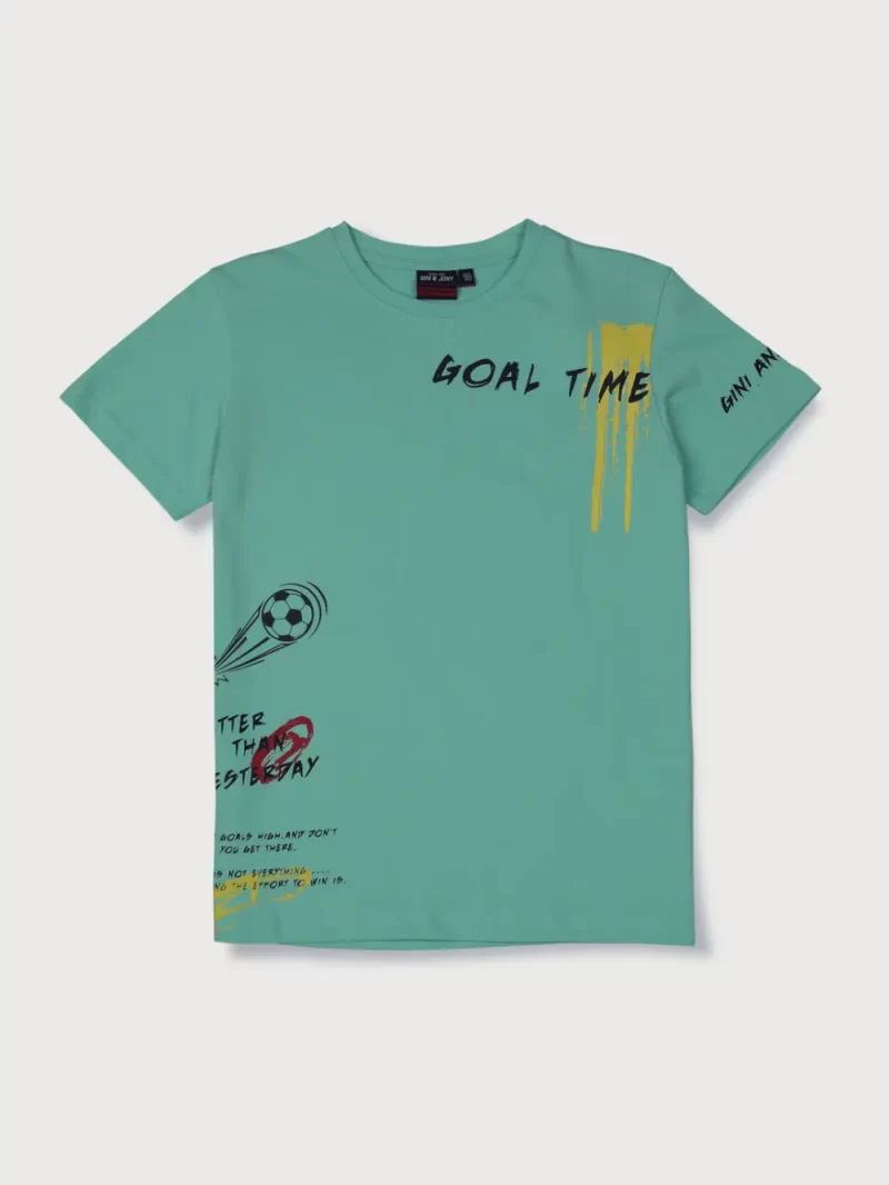 Gini And Jony Boys Turquoise Typographic Print Cotton T-Shirt Half Sleeves
